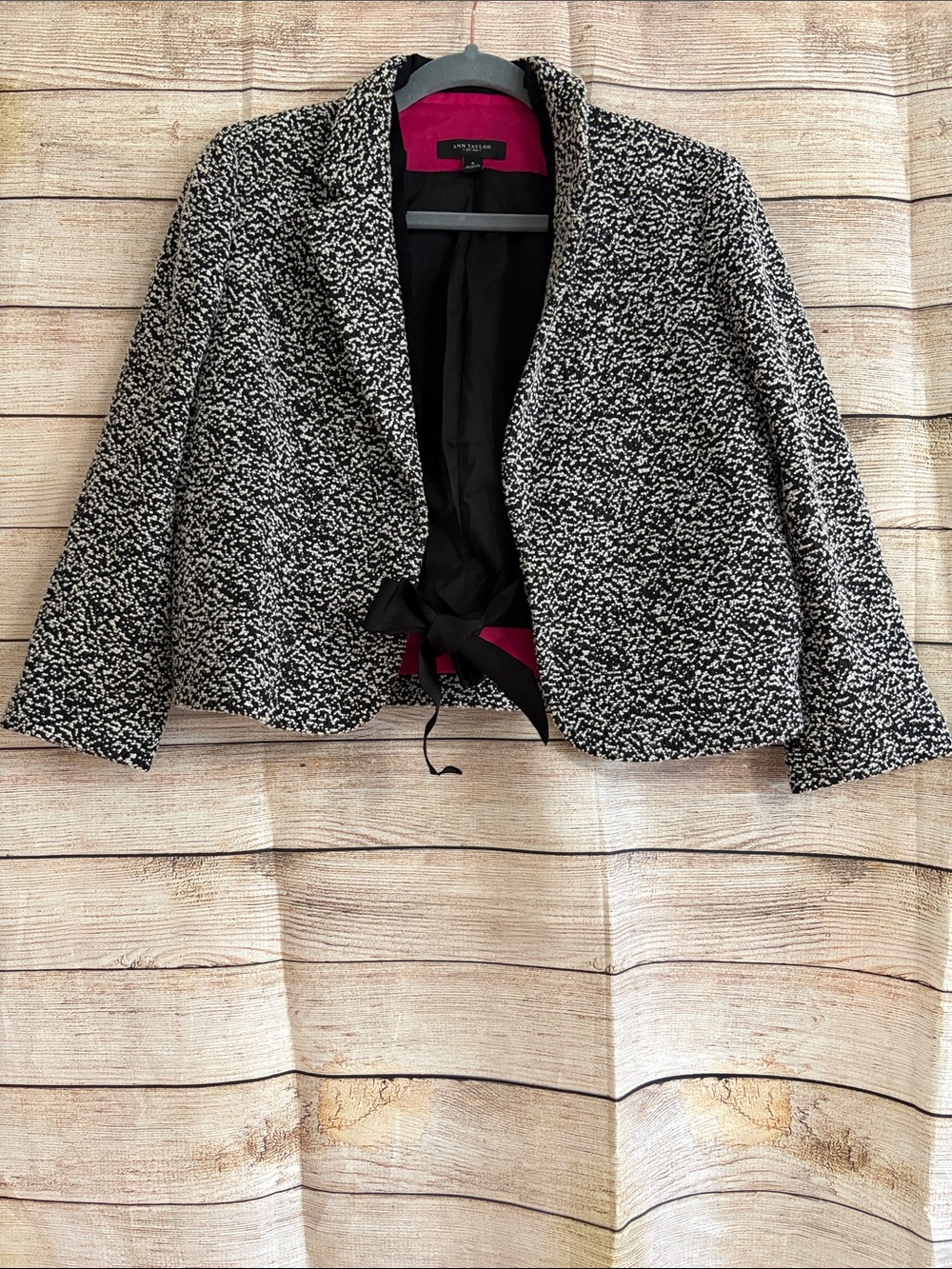 Ann Taylor Black & White Tweed Open-Front Cropped Jacket